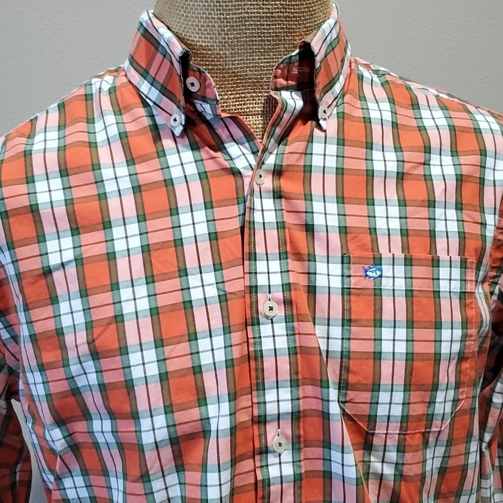 Southern tide orange green plaid long sleeve classic fit button down